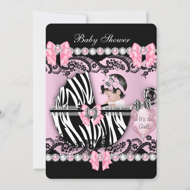 Invitación Ducha de Bebé Niña Adorable Cebra Rosa Perlas (Anverso)