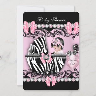 Invitación Ducha de Bebé Niña Adorable Cebra Rosa Perlas