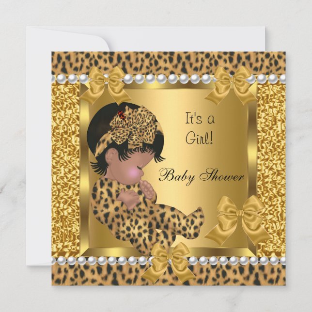 Invitación Ducha de Bebé Niña Adorable Leopardo Dorado 2 (Anverso)