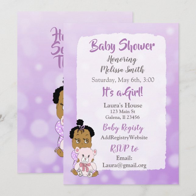 Invitación Ducha de bebé niña afroamericana (Anverso / Reverso)