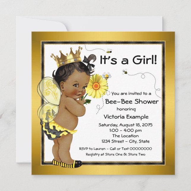 Invitación Ducha de bebé niña afroamericana abeja (Anverso)