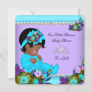Invitación Ducha de bebé niña afroamericana azul turquesa púr