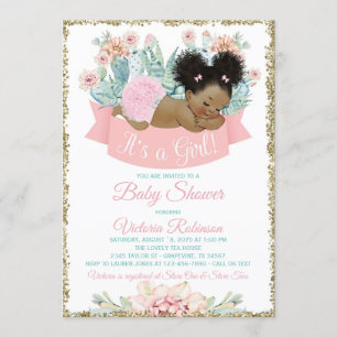 Invitación Ducha de bebé niña afroamericana Cactus