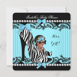 Invitación Ducha de bebé niña afroamericana cebra azul turque