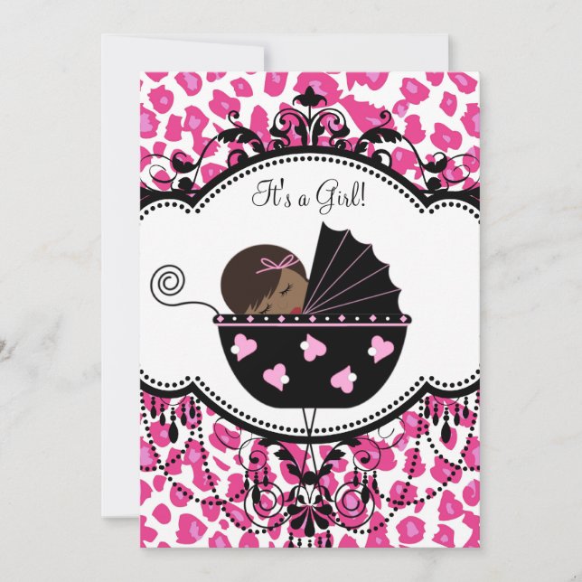 Invitación Ducha de bebé niña afroamericana con leopardo rosa (Anverso)
