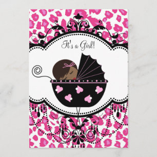 Invitación Ducha de bebé niña afroamericana con leopardo rosa