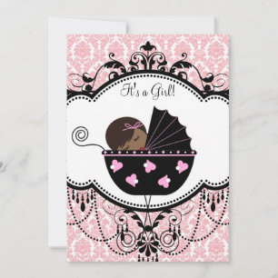 Invitación Ducha de bebé niña afroamericana de Damasco rosa