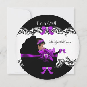 Invitación Ducha de Bebé Niña Afroamericana Morado Rosa