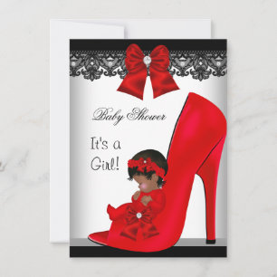 Invitación Ducha de bebé niña afroamericana zapato rojo encaj