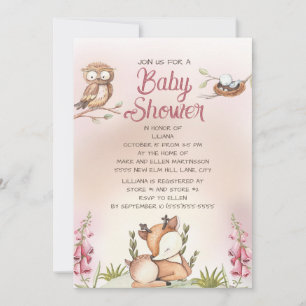 Invitación Ducha de Bebé Niña Animales del Bosque Ciervo Búho