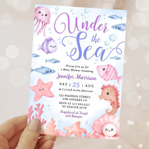 Invitación Ducha de Bebé Niña Animales Marinos Bajo El Mar