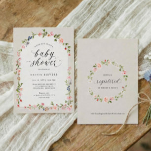 Invitación Ducha de Bebé Niña Arco Floral Acuarela Rosa Beige