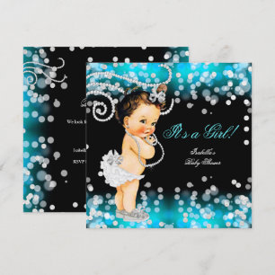 Invitación Ducha de Bebé Niña Azul Turquesa Negro Brillante M