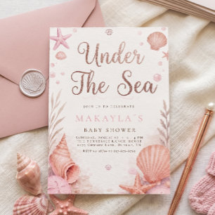 Invitación Ducha de Bebé Niña Bajo el Mar Rosa Dorado