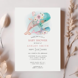 Invitación Ducha de Bebé Niña Ballenas Acuarela Floral