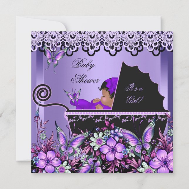 Invitación Ducha de Bebé Niña Bebé Adorable Mariposa Morada 3 (Anverso)