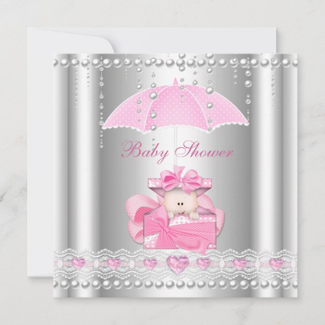 Invitación Ducha de Bebé Niña Bebé Paraguas Rosa Perla Plata (Anverso)