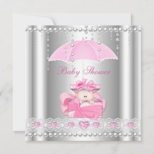 Invitación Ducha de Bebé Niña Bebé Paraguas Rosa Perla Plata