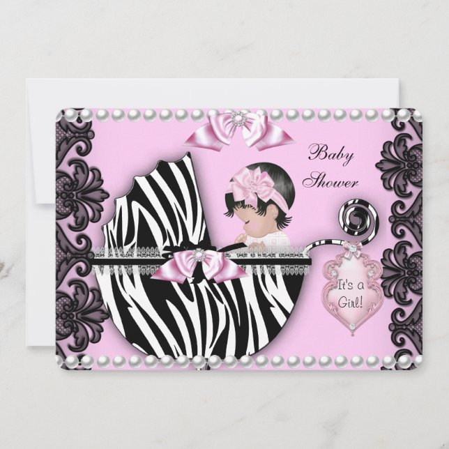Invitación Ducha de Bebé Niña Bebé Rosa Cebra Cochecito 2 (Anverso)