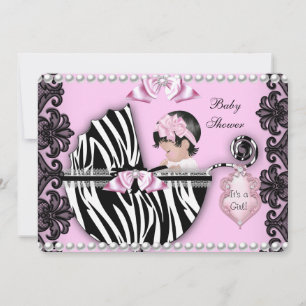 Invitación Ducha de Bebé Niña Bebé Rosa Cebra Cochecito 2
