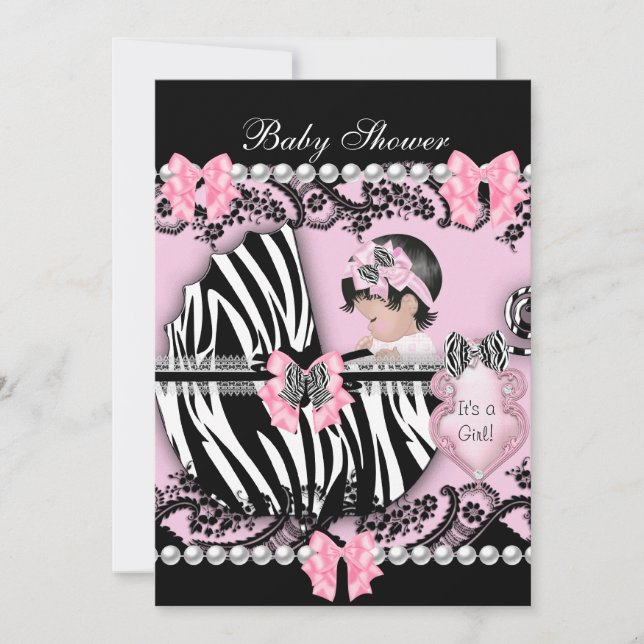 Invitación Ducha de Bebé Niña Bebé Rosa Cebra Encaje 2 (Anverso)