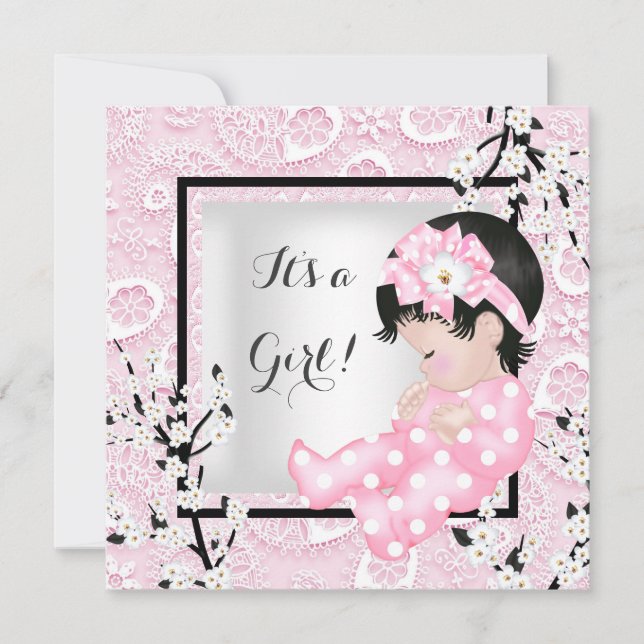 Invitación Ducha de Bebé Niña Bebé Rosa Flor de Encaje C (Anverso)