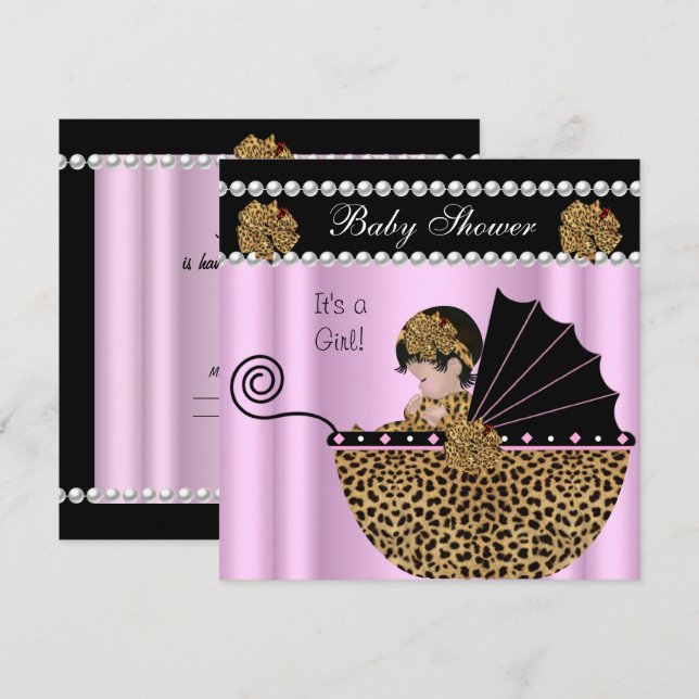 Invitación Ducha de Bebé Niña Bebé Rosa Lazo Leopardo (Anverso / Reverso)