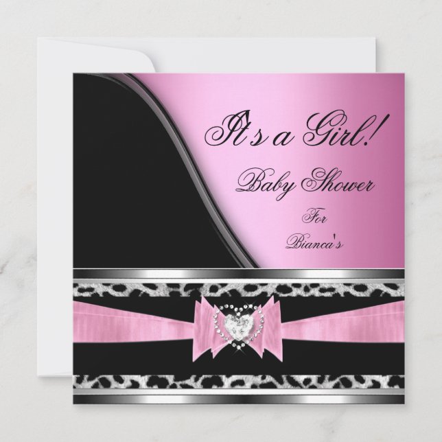 Invitación Ducha de Bebé Niña Bebé Rosa Leopardo Negro (Anverso)