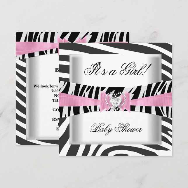 Invitación Ducha de Bebé Niña Bebé Rosa Negro Blanco Cebra (Anverso / Reverso)