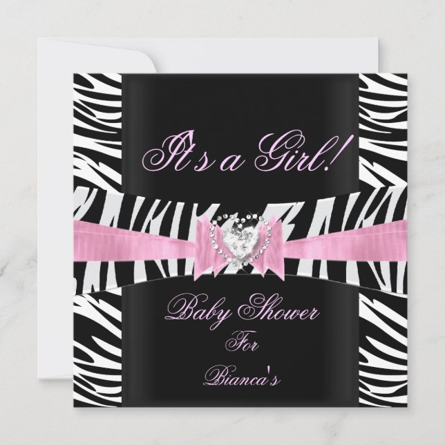 Invitación Ducha de Bebé Niña Bebé Rosa Negro Blanco Cebra (Anverso)