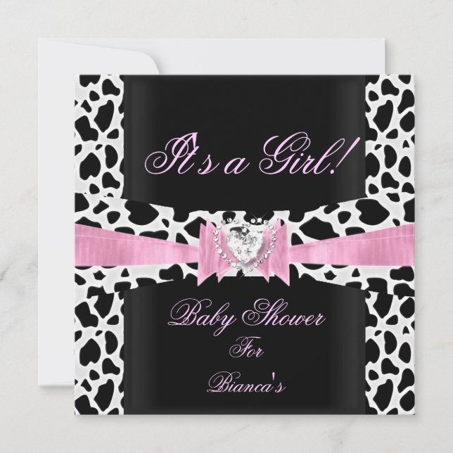 Invitación Ducha de Bebé Niña Bebé Rosa Negro Blanco Estampad (Anverso)