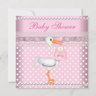Invitación Ducha de Bebé Niña Bebé Rosa Punto Perla Cigüeña