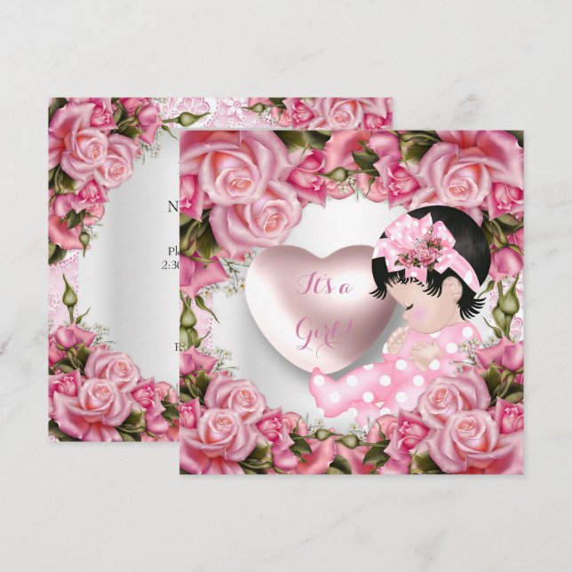 Invitación Ducha de Bebé Niña Bebé Rosa Rosas Niña 2 (Anverso / Reverso)