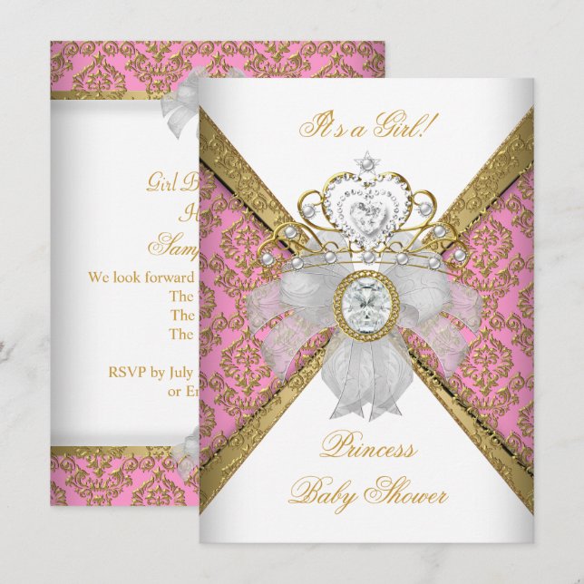Invitación Ducha de Bebé Niña Blanca Rosa Princesa Damask (Anverso / Reverso)