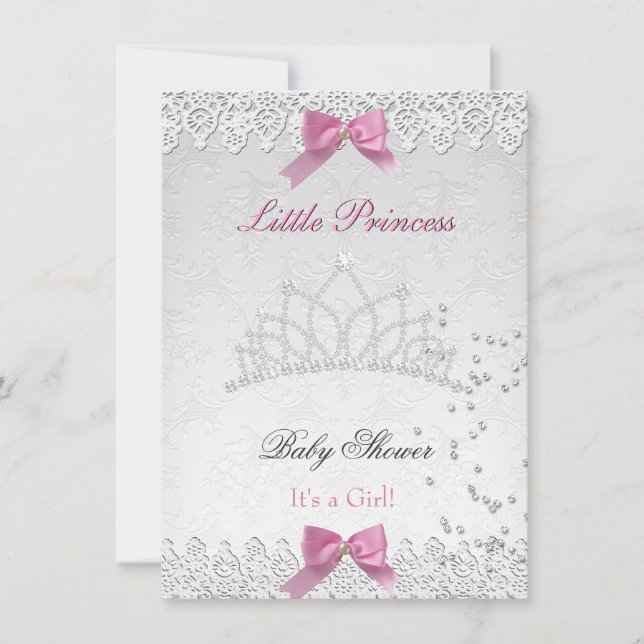 Invitación Ducha de Bebé Niña Blanca Rosa Princesa Damask 2 (Anverso)