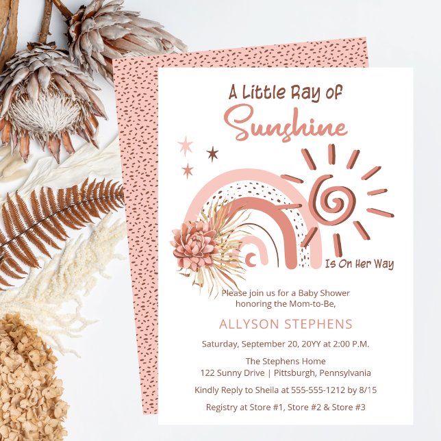 Invitación Ducha de Bebé Niña Boho Un Pequeño Rayo de Sol (Boho Pink A Little Ray of Sunshine Girl Baby Shower Invitation)