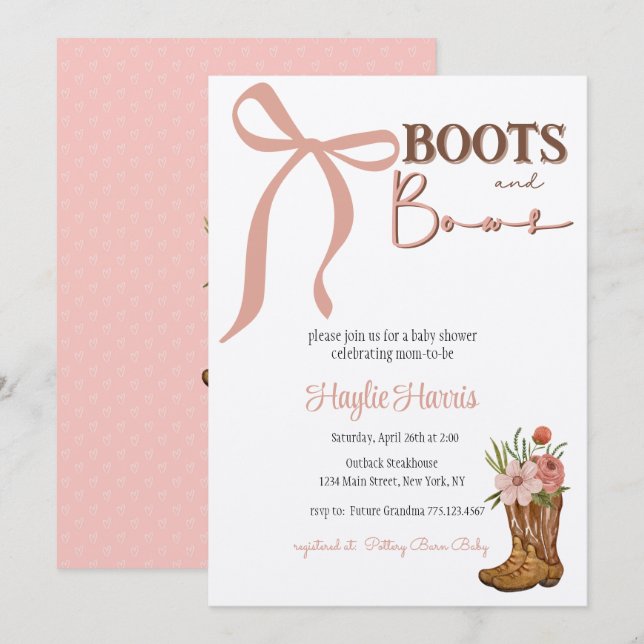 Invitación Ducha de Bebé Niña Botas y Lazos (Anverso / Reverso)