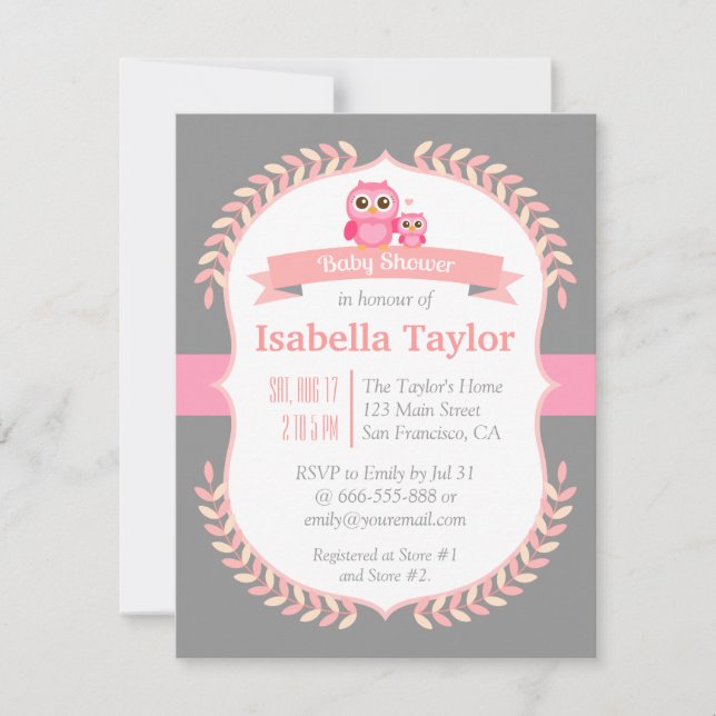 Invitación Ducha de bebé niña búho elegante (Anverso)