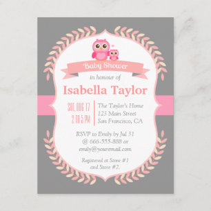 Invitación Ducha de bebé niña búho elegante