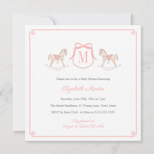 Invitación Ducha de Bebé Niña Caballo de Balanza Monograma Ro
