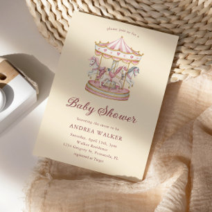 Invitación Ducha de Bebe Niña Carrusel Rosa Pastel