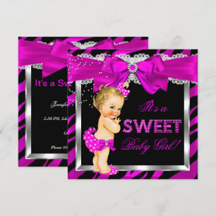 Invitación Ducha de Bebé Niña Cebra Rosa Caliente Bebé Rubia