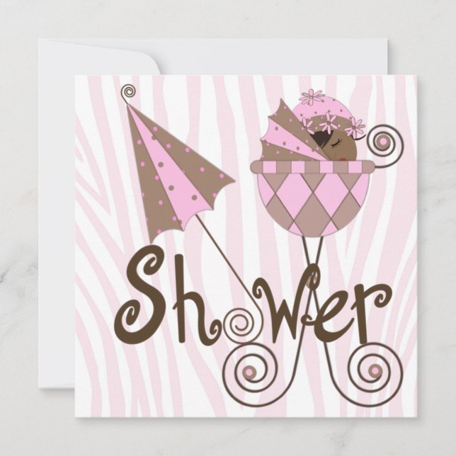 Invitación Ducha de bebé niña cebra rosa marrón (Anverso)