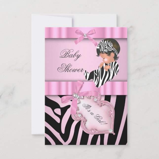 Invitación Ducha de Bebé Niña Cebra Rosa negro (Anverso)
