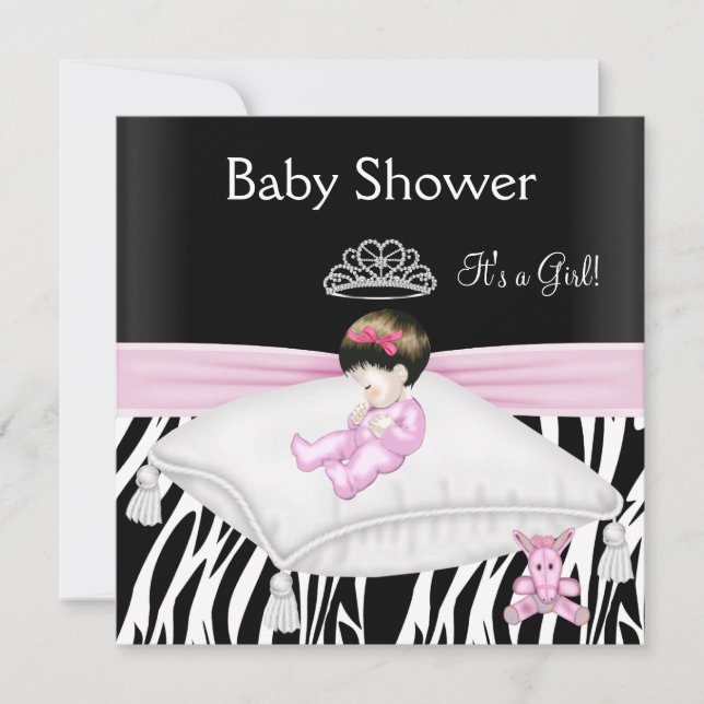 Invitación Ducha de bebé niña cebra rosa negro blanco princes (Anverso)