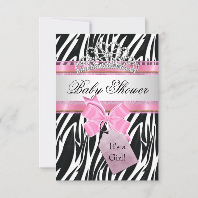 Invitación Ducha de bebé niña cebra rosa princesa (Anverso)