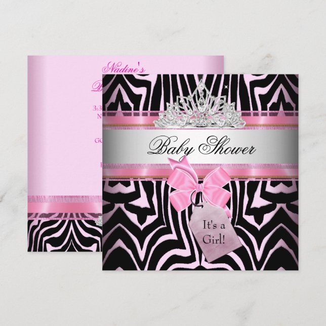 Invitación Ducha de bebé niña cebra rosa princesa negra (Anverso / Reverso)