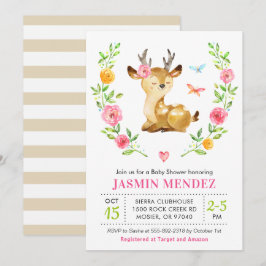 Invitación Ducha de Bebé Niña Ciervo Rosa Sprinkle Floral Dul