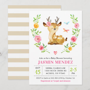 Invitación Ducha de Bebé Niña Ciervo Rosa Sprinkle Floral Dul