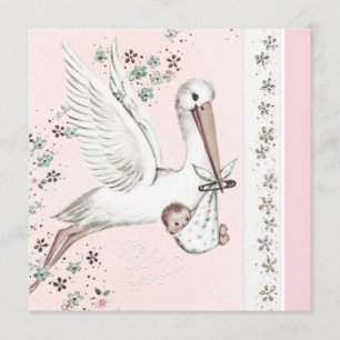 Invitación Ducha de Bebé Niña Cigüeña Rosa
